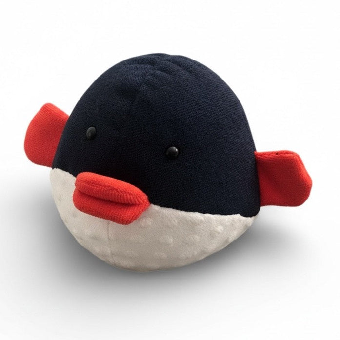 front view of puffer fish plush toy soft ocean stuffed animal with red fins