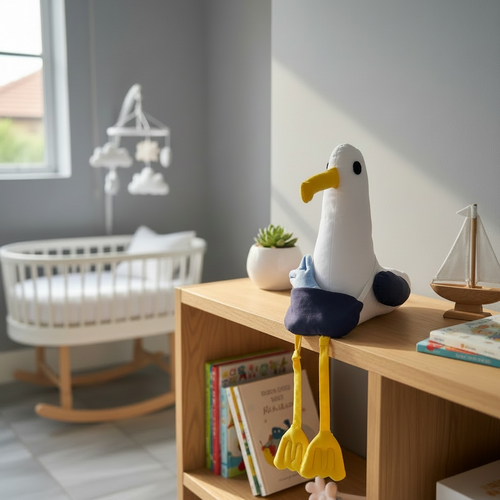 dangly legged seagull plush toy for coastal nursery decor