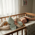 Sleeping baby cuddling plush goose comforter toy in crib with soft blanket