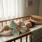 Sleeping baby cuddling plush goose comforter toy in crib with soft blanket