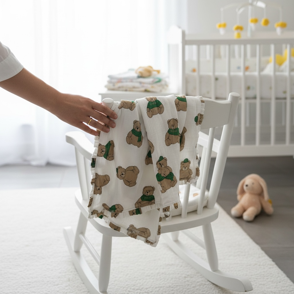 Teddy bear print muslin baby blanket made from bamboo cotton draped over a white rocking chair in a nursery.