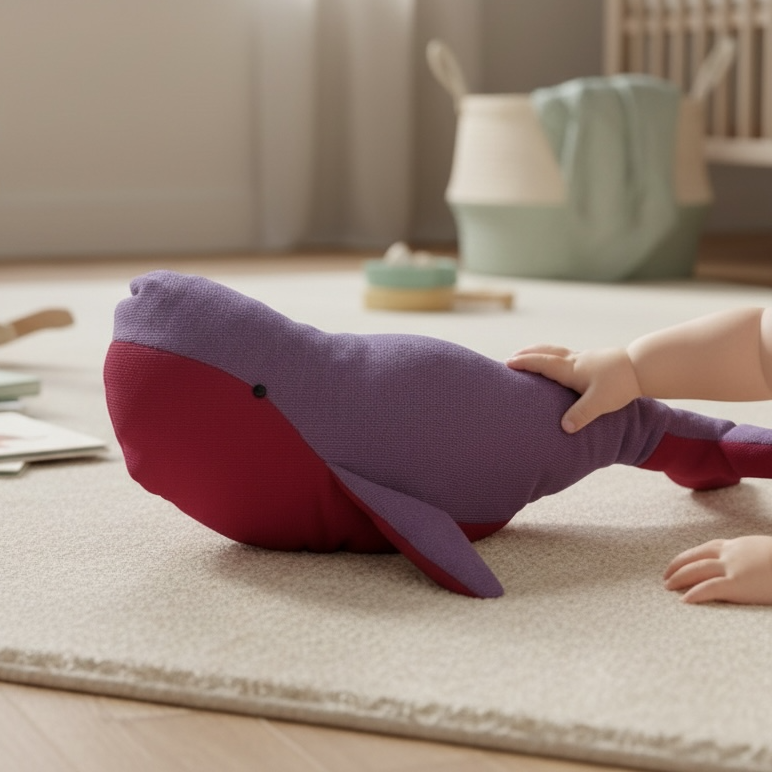 Baby playing with soft whale comforter plush toy in purple and pink on nursery floor